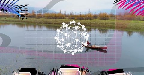 Paddling man in red canoe on calm autumn lake with digital grid and network sphere overlay