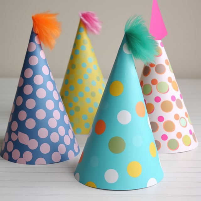 Brightly decorated party hats with polka dots arranged on a clean white surface. Perfect for birthday parties, kids' events, festive celebrations, and party decoration ideas.