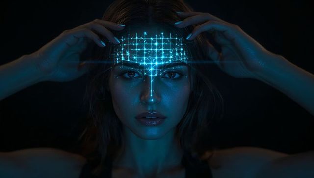 Futuristic woman projecting cyan hologram grid across face for biometric ai portrait