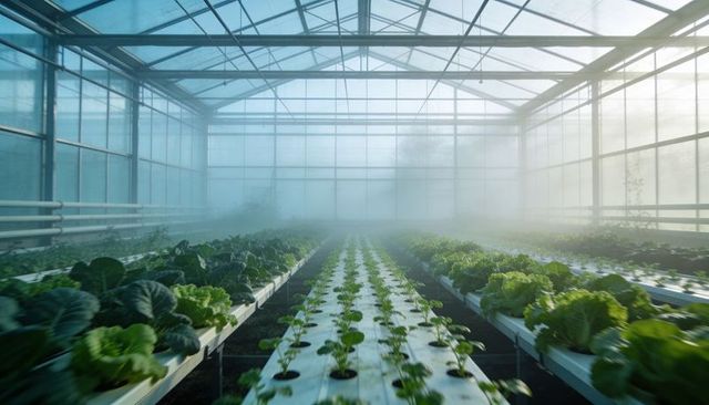 Hydroponic lettuce and cabbage rows in misty glasshouse for sustainable indoor farming