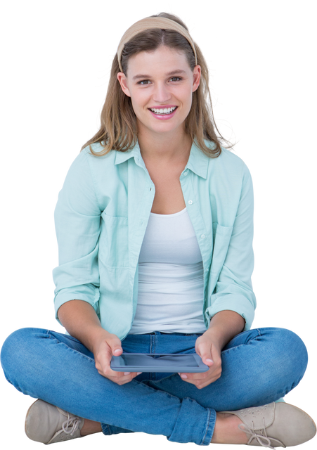 Smiling Young Woman Holding Tablet Sitting Crossing Legs Transparent Background - Download Free Stock Videos Pikwizard.com