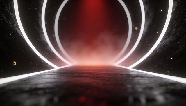 Leading concentric neon rings guiding textured walkway into foggy red-lit futuristic tunnel
