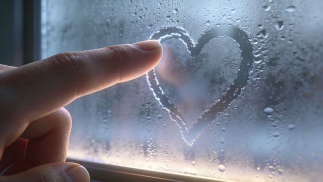 Fingertip tracing heart on fogged window with condensation droplets and warm glow