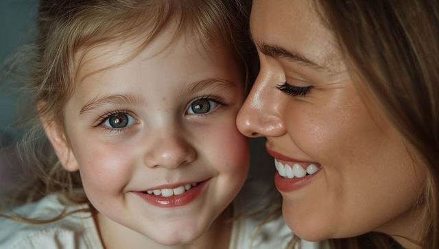 Smiling mother nuzzling daughter, joyful closeup portrait showing tenderness and bond