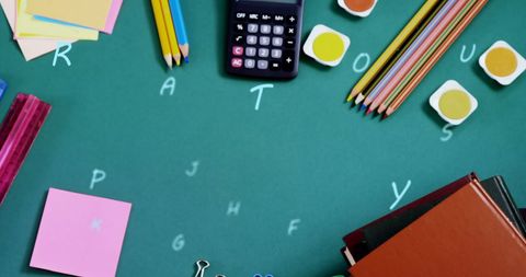Creative School Supplies on Green Blackboard with Alphabet Overlay - Download Free Stock Images Pikwizard.com