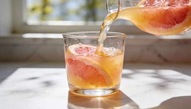 Pouring grapefruit infused water into glass with sunlit bubbles and citrus slices