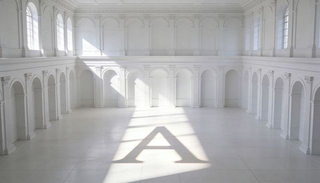 Neoclassical bright hall with arched windows casting giant letter a shadow on floor