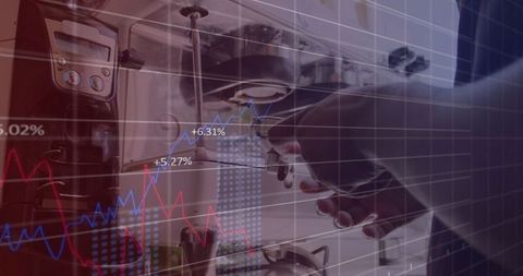 Barista Brewing Espresso with Financial Data Overlay
