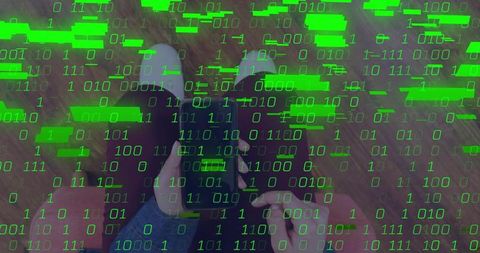 Reclining woman holding smartphone on carpet with green binary code overlay