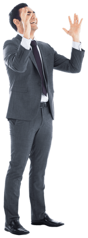 Transparent Businessman Stressed with Raised Arms in Gray Suit