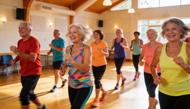 Smiling seniors enjoying low-impact cardio class in community gym with natural light