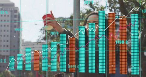 Urban woman raising coffee cup behind rising financial bar and line chart overlay
