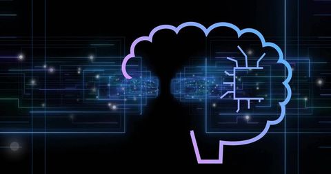 Neon brain receiving streaming data with microchip circuit, futuristic ai network