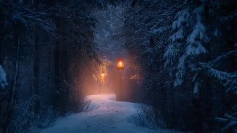 Lanterns Guiding Snowy Forest Path at Blue Hour with Mist and Footprints