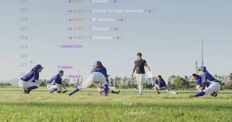 Youth baseball team stretching with coach guidance