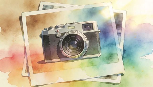 Showcasing vintage rangefinder camera on watercolor polaroid frames with textured flatlay
