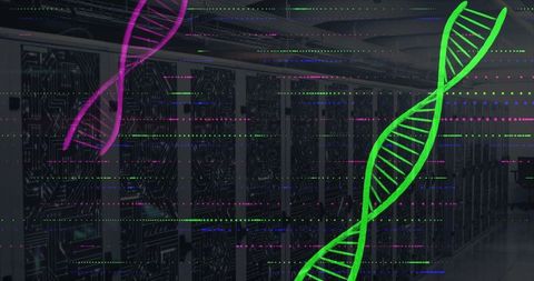 Neon DNA Helix Streaming in Futuristic Data Center