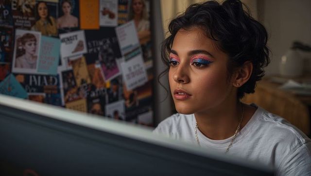 Focused student studying at bedroom desk with glitter eye makeup and inspiration collage