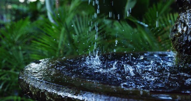 Water Droplets Falling into Concrete Fountain in Lush Garden - Download Free Stock Images Pikwizard.com