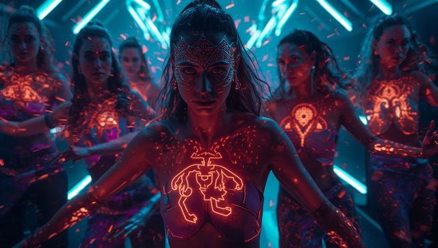 Futuristic Dancers With Glowing Red Body Paint Amid Blue Neon