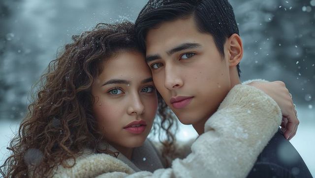 Romantic Embrace in Winter Forest
