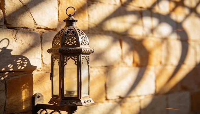 Ornate moroccan lantern casting filigree shadows on sunlit sandstone wall in golden light