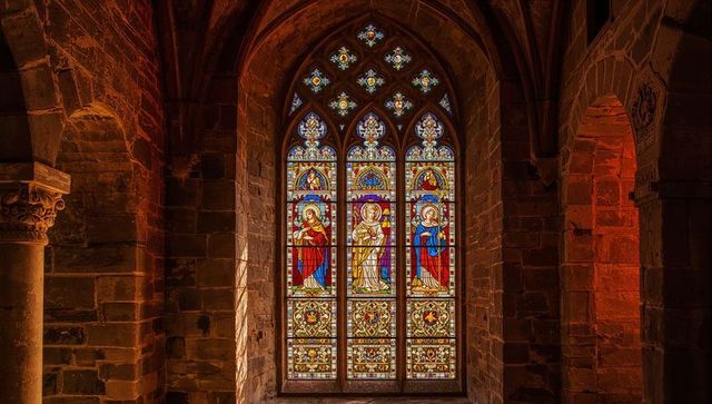Gothic stained glass illuminating church corridor with sunlit columns
