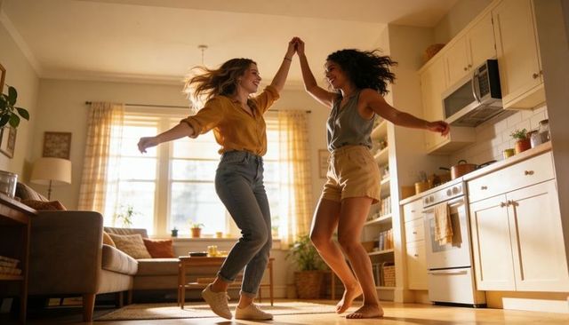 Two women dancing and twirling in sunlit cozy living room celebrating friendship and joy