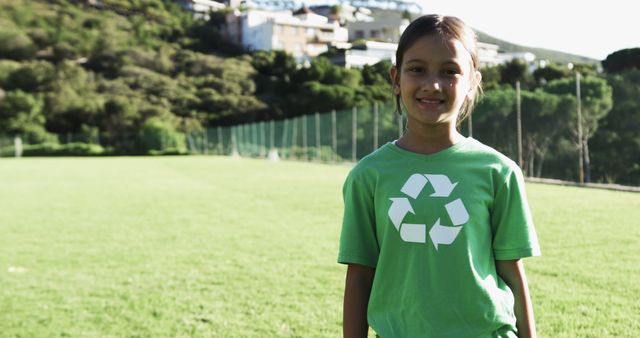Portrait of biracial schoolgirl wearing green t-shirt with recycling symbol, copy space. Education, learning, ecology, environment and school, unaltered.