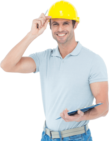 Smiling Architect Touching Hard Hat Holding a Clipboard on Transparent Background - Download Free Stock Videos Pikwizard.com