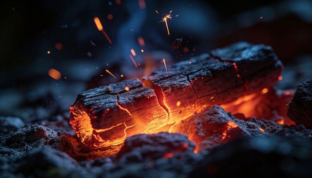 Smoldering charred log glowing with molten embers and crackling sparks at night