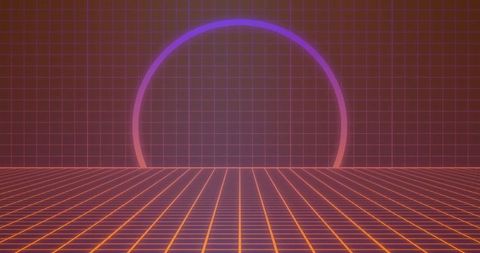 Futuristic neon retro grid with semi circle element