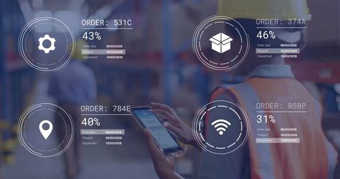 Warehouse Coordinator Analyzing Logistics with Tablet and Data Overlay