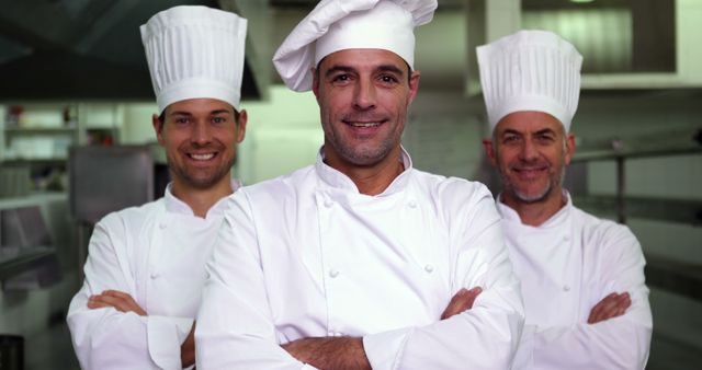 Group of professional chefs wearing white uniforms and chef hats posing confidently in a commercial kitchen. The chefs stand with their arms crossed, showing teamwork and expertise in culinary arts. Ideal for advertising or illustrating cooking-related content, restaurant promotions, culinary schools, and food services.