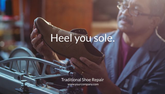 Experienced cobbler carefully examines shoe while holding quality craftsmanship tools. Ideal for showcasing traditional shoe repair services, promoting small businesses specializing in footwear restoration, or highlighting the value of preserving items through professional repair.