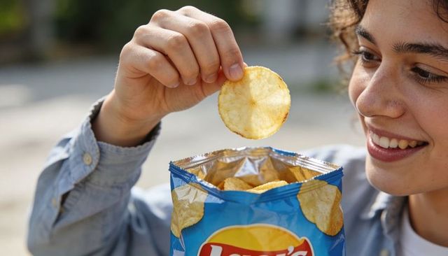 Smiling hispanic woman holding potato chip from blue bag sunlit outdoors, casual snack moment