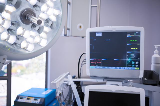Modern medical equipment in an operating room, including a monitor and surgical light. Useful for illustrating advanced healthcare technology, hospital environments, and surgical procedures. Ideal for medical articles, healthcare websites, and educational materials.
