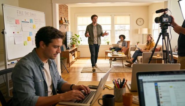 Host walking and gesturing toward camera during casual living room presentation with crew