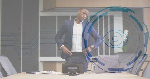 Business executive in boardroom with futuristic overlay