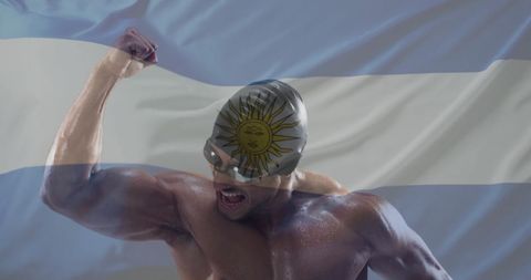 Energetic Swimmer Celebrating with Argentinian Flag