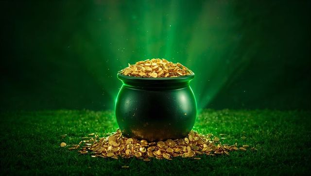 Glowing cauldron overflowing with gold coins on lush grass under mystic green light