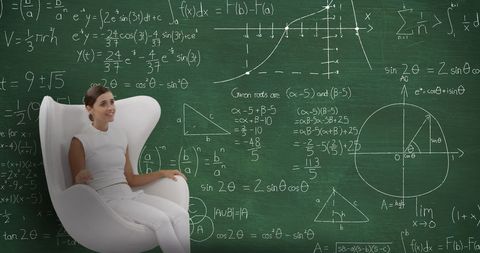 Woman in White Dress with Mathematical Equations on Chalkboard