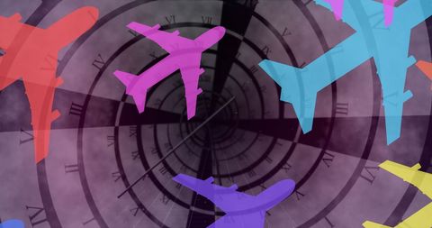 Colorful Airplane Icons Over Time-Travel Spiral
