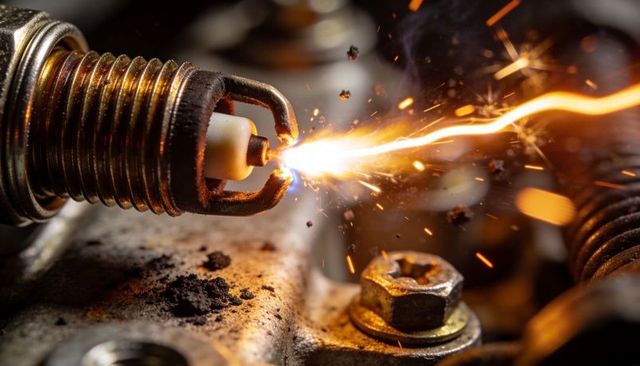 Spark plug creating intense electrical arc with flying sparks and metal debris in engine