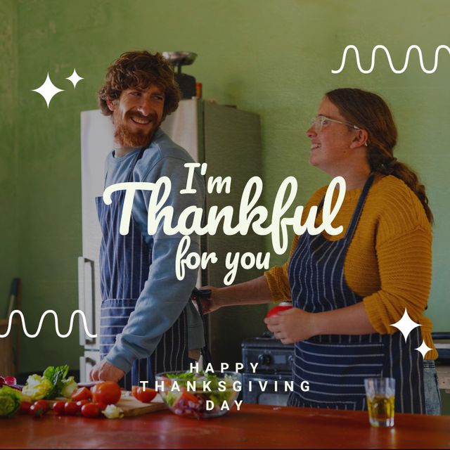 Happy Caucasian couple preparing Thanksgiving meal in kitchen, bonding and sharing joyful moments during holiday. Use for promoting holiday gatherings, cooking classes, or relationship-focused content.