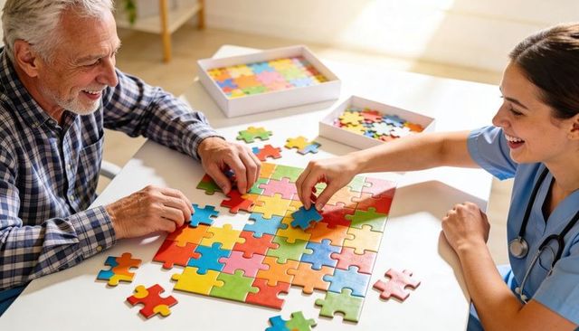 Senior man and caregiver solving colorful jigsaw puzzle together for dementia therapy
