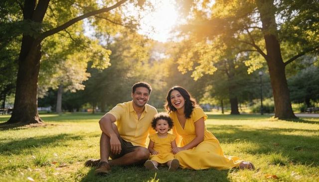 Family sitting on sunlit park lawn wearing matching yellow outfits, joyful summer portrait