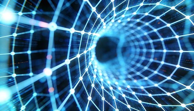 Glowing digital network tunnel curving into deep cyber vortex with neon mesh and nodes
