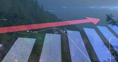 Displaying data visualization overlay tracking growth trend over misty mountain forest
