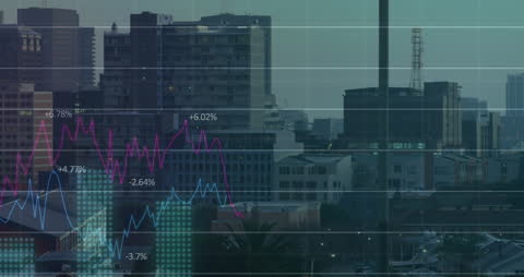 Cityscape with Overlaid Financial Graphs and Data Trends
